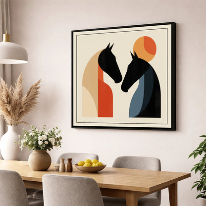 Geometric Equine Greeting horse portrait wall art displayed in a dining room