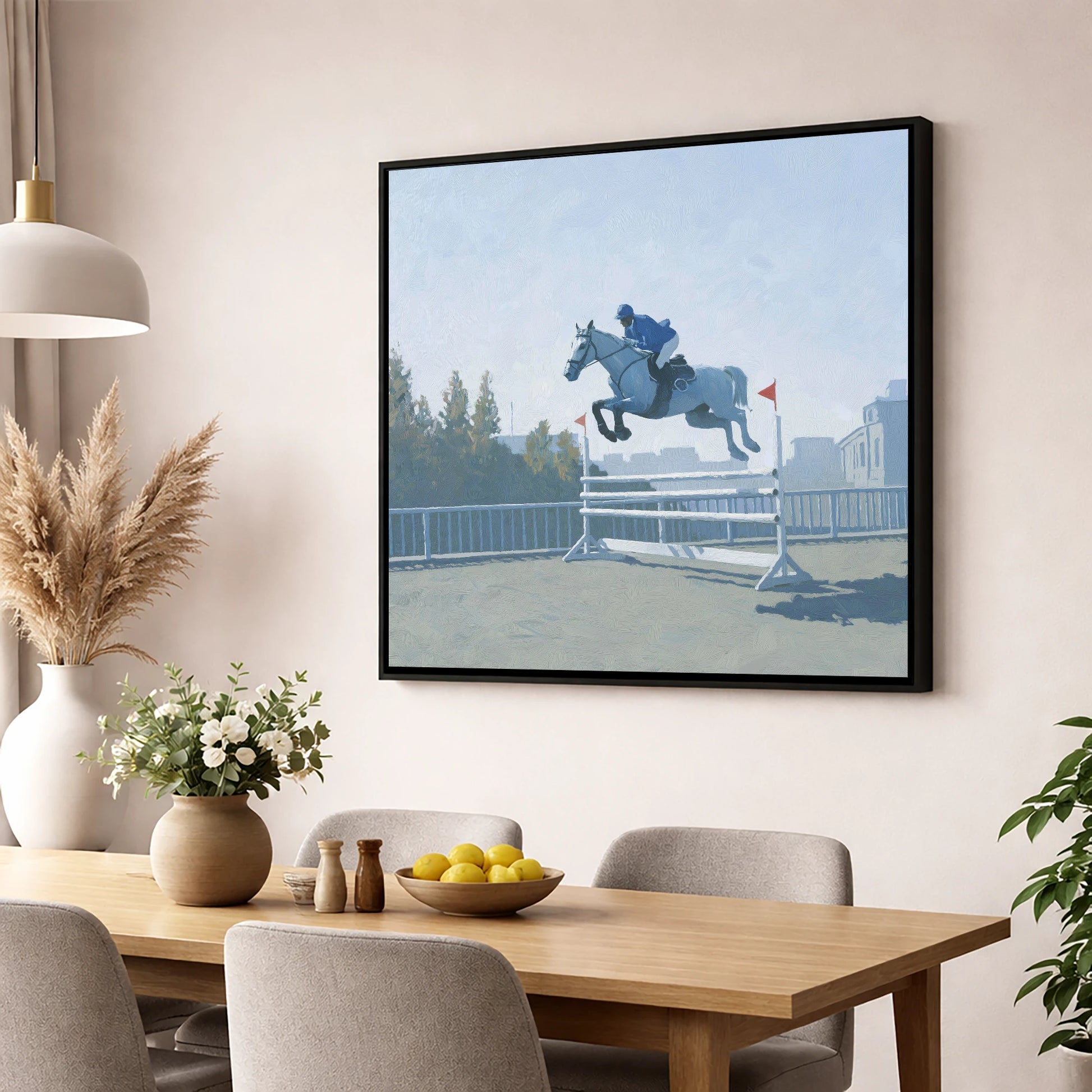 Airborne in Blue show jumping horse wall art displayed in a dining room