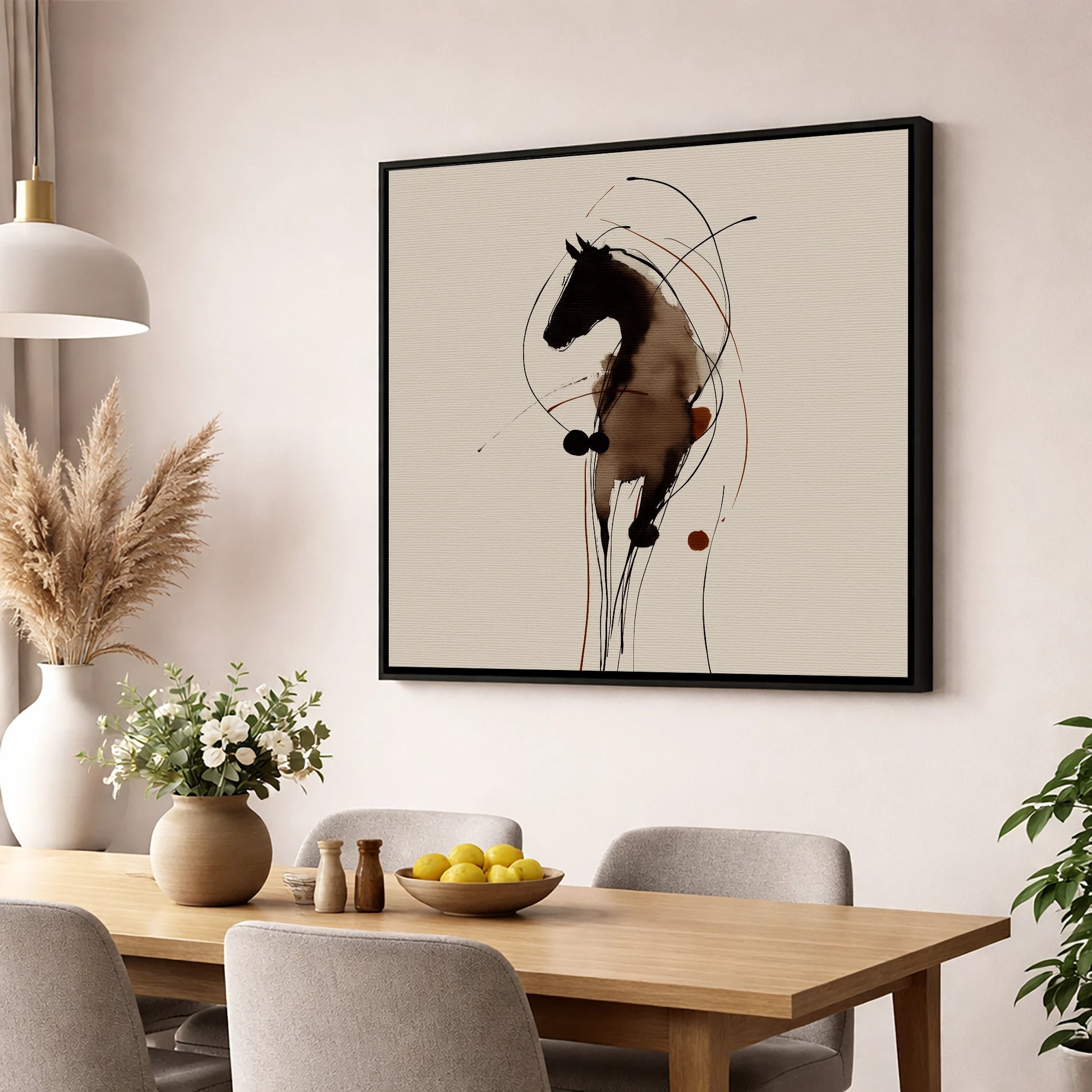 Fluid Ink Equine Portrait horse portrait wall art displayed in a dining room