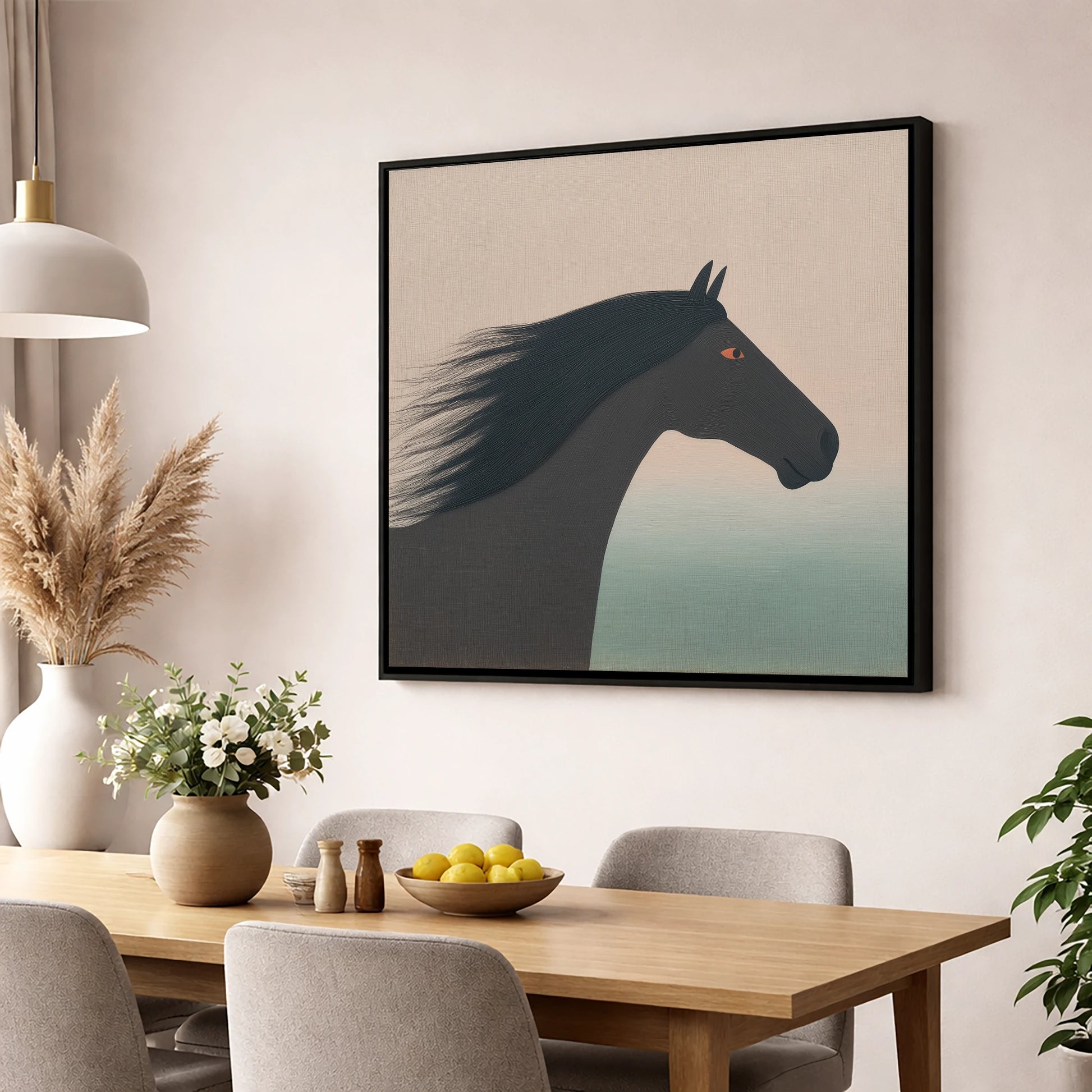 The Onyx Silhouette horse breed wall art displayed in a dining room