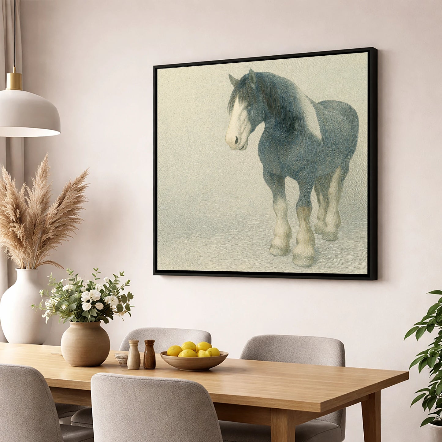 The Slate Blue Shire horse breed wall art displayed in a dining room