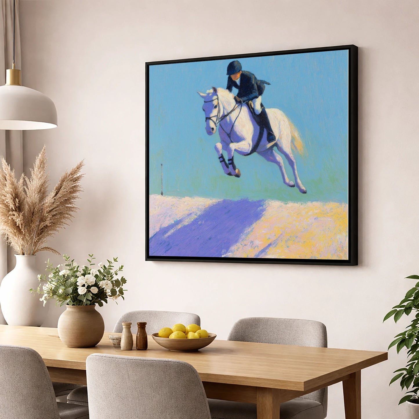 Airborne in Violet Light show jumping horse wall art displayed in a dining room