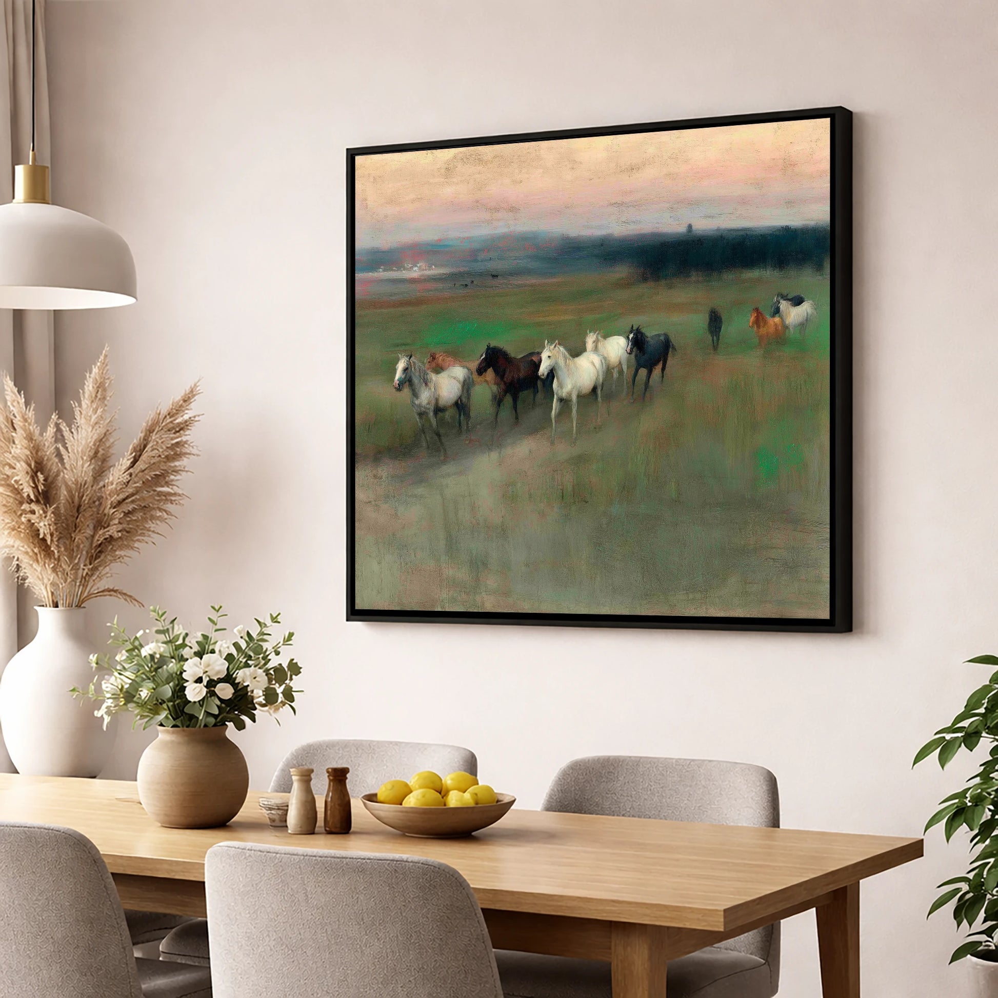 Distant Horizon Herd wild horses wall art displayed in a dining room