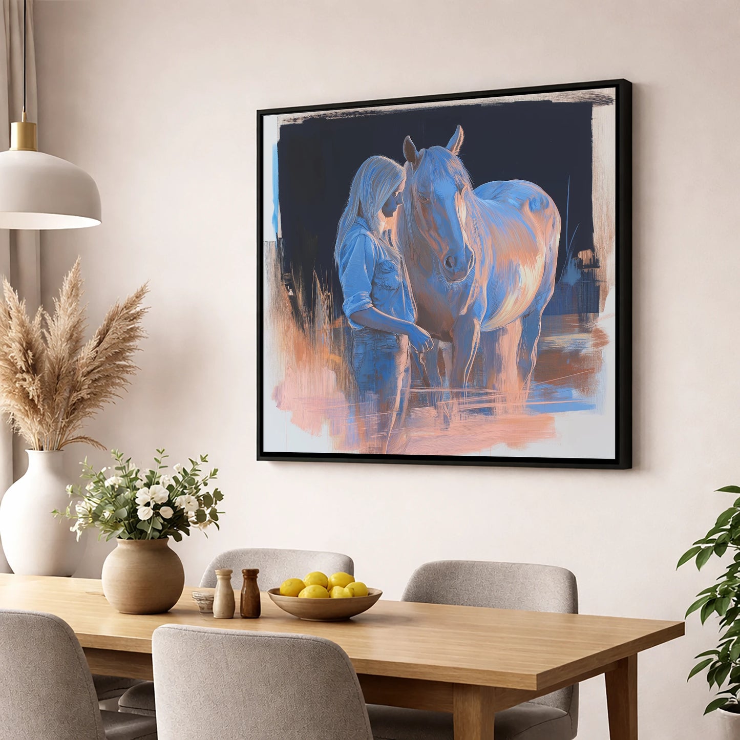 A Quiet Understanding horse & rider wall art displayed in a dining room