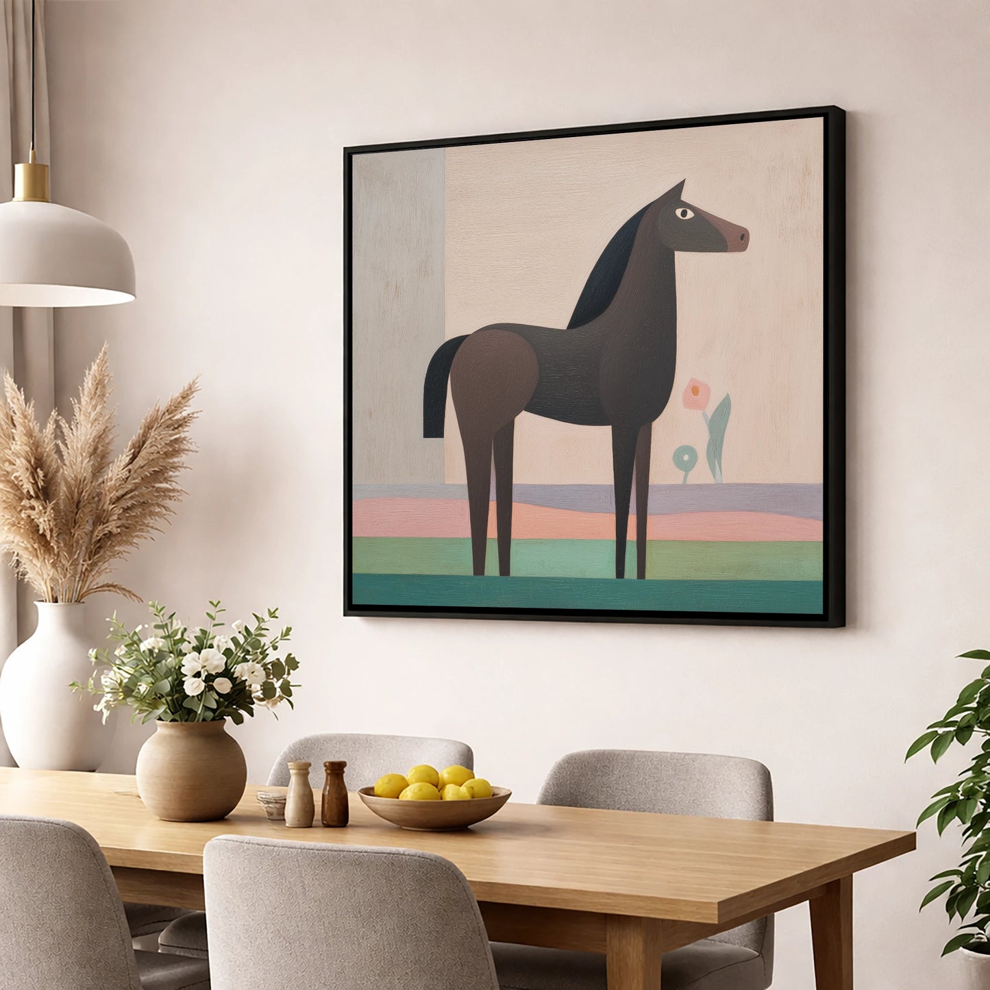 Modernist Equine Profile horse breed wall art displayed in a dining room