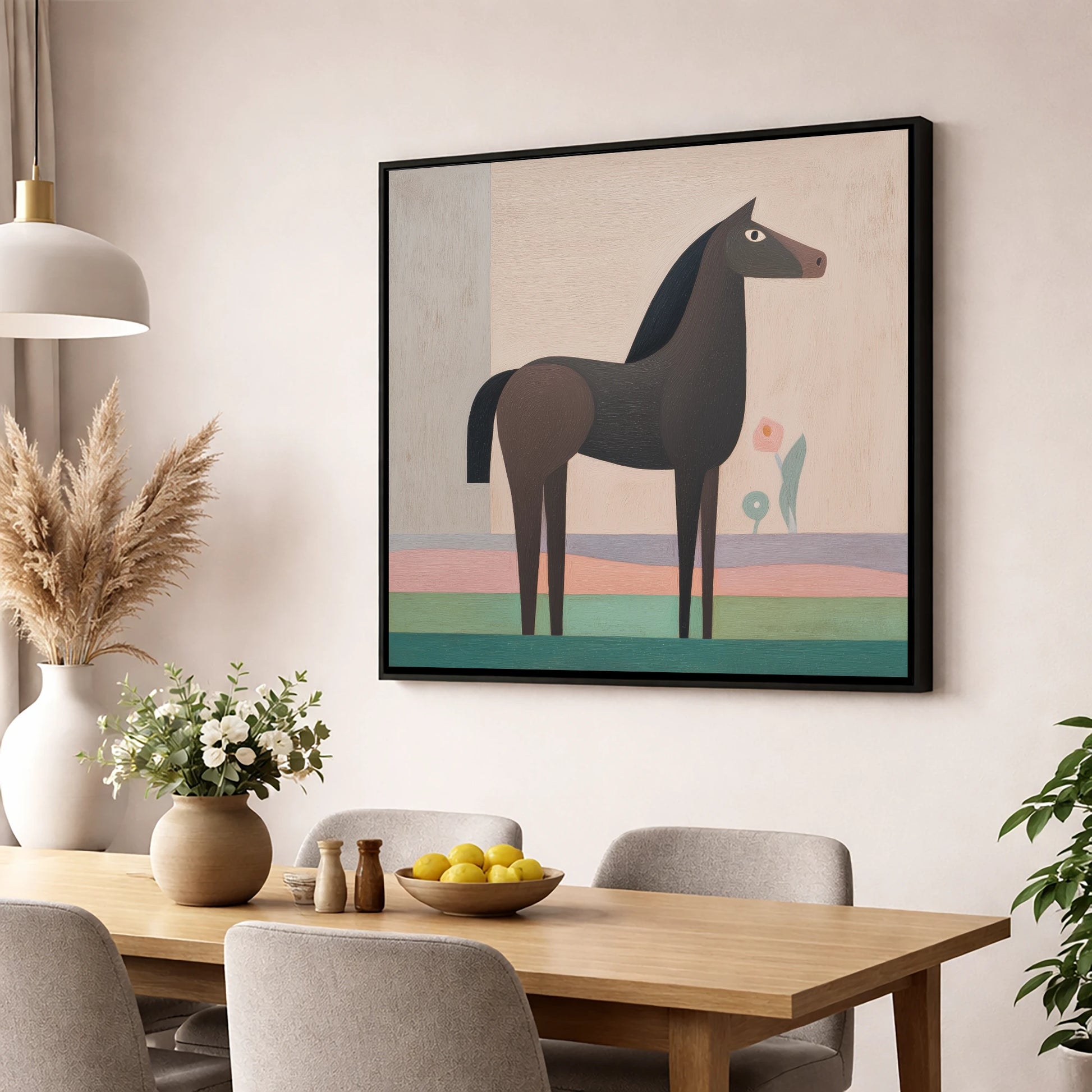 Modernist Equine Profile horse breed wall art displayed in a dining room