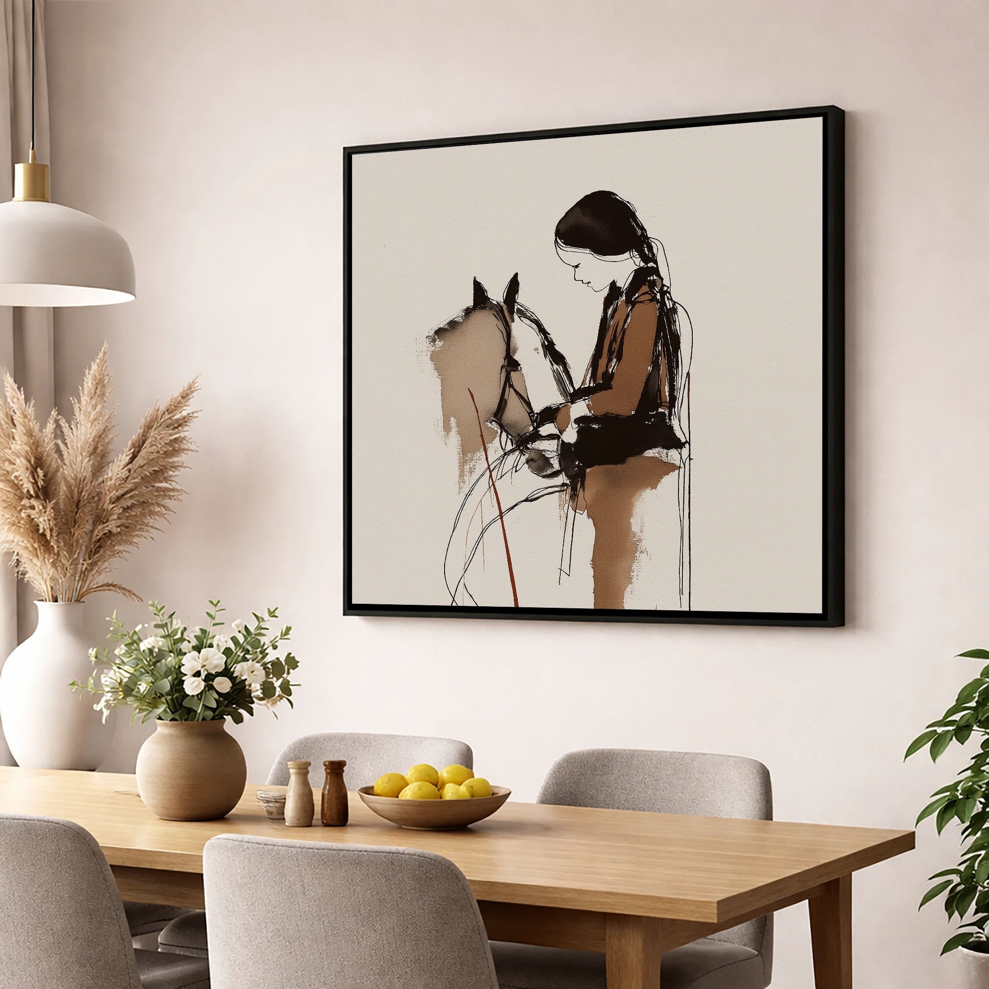 Silent Dialogue horse & rider wall art displayed in a dining room