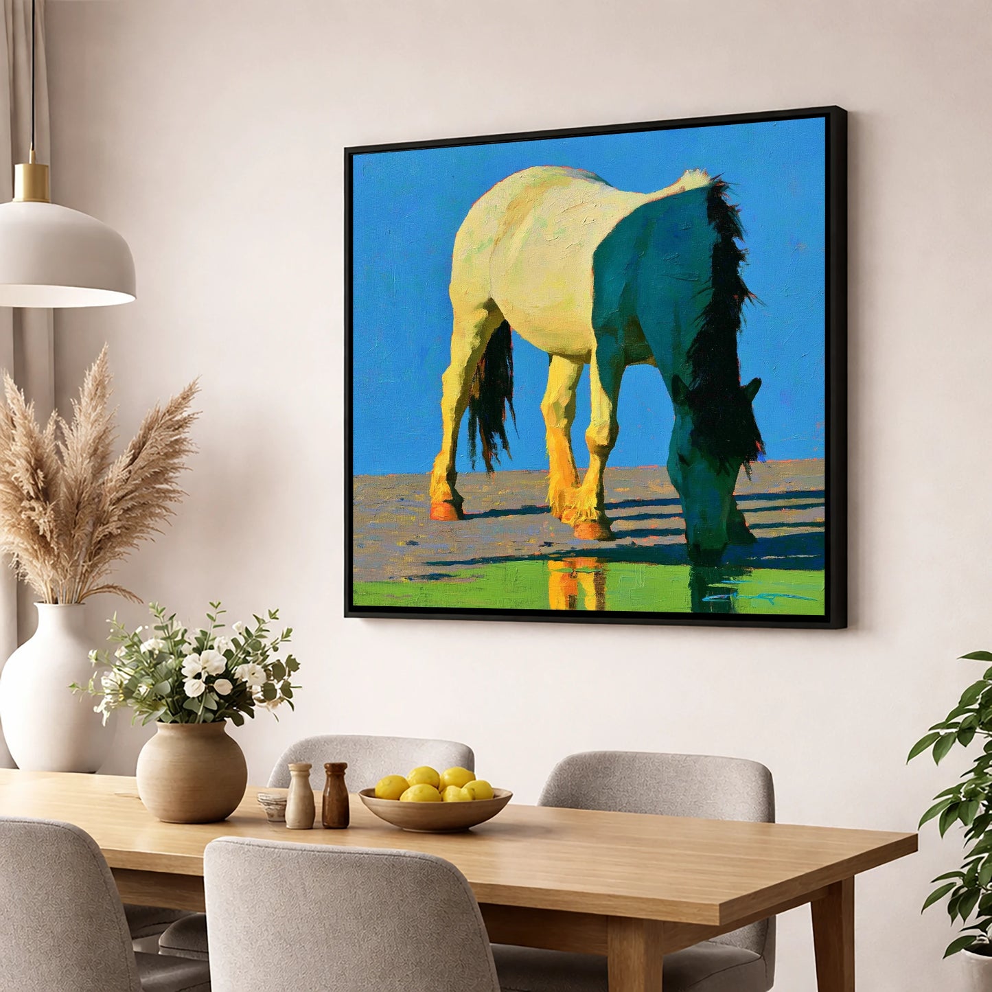 Horse Drinking in Vibrant Light horse breed wall art displayed in a dining room
