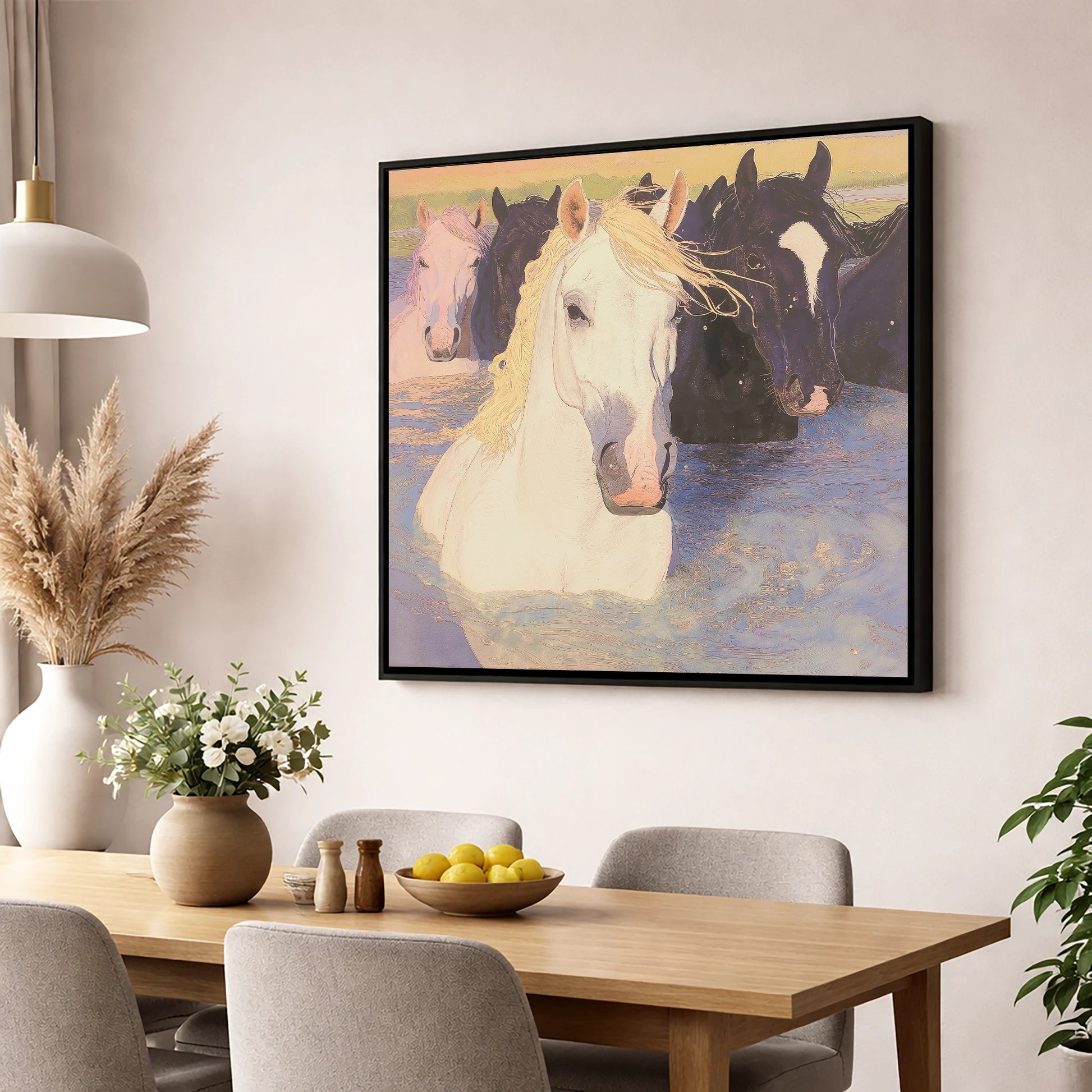 Luminous River Herd wild horses wall art displayed in a dining room