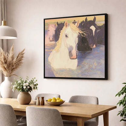 Luminous River Herd wild horses wall art displayed in a dining room
