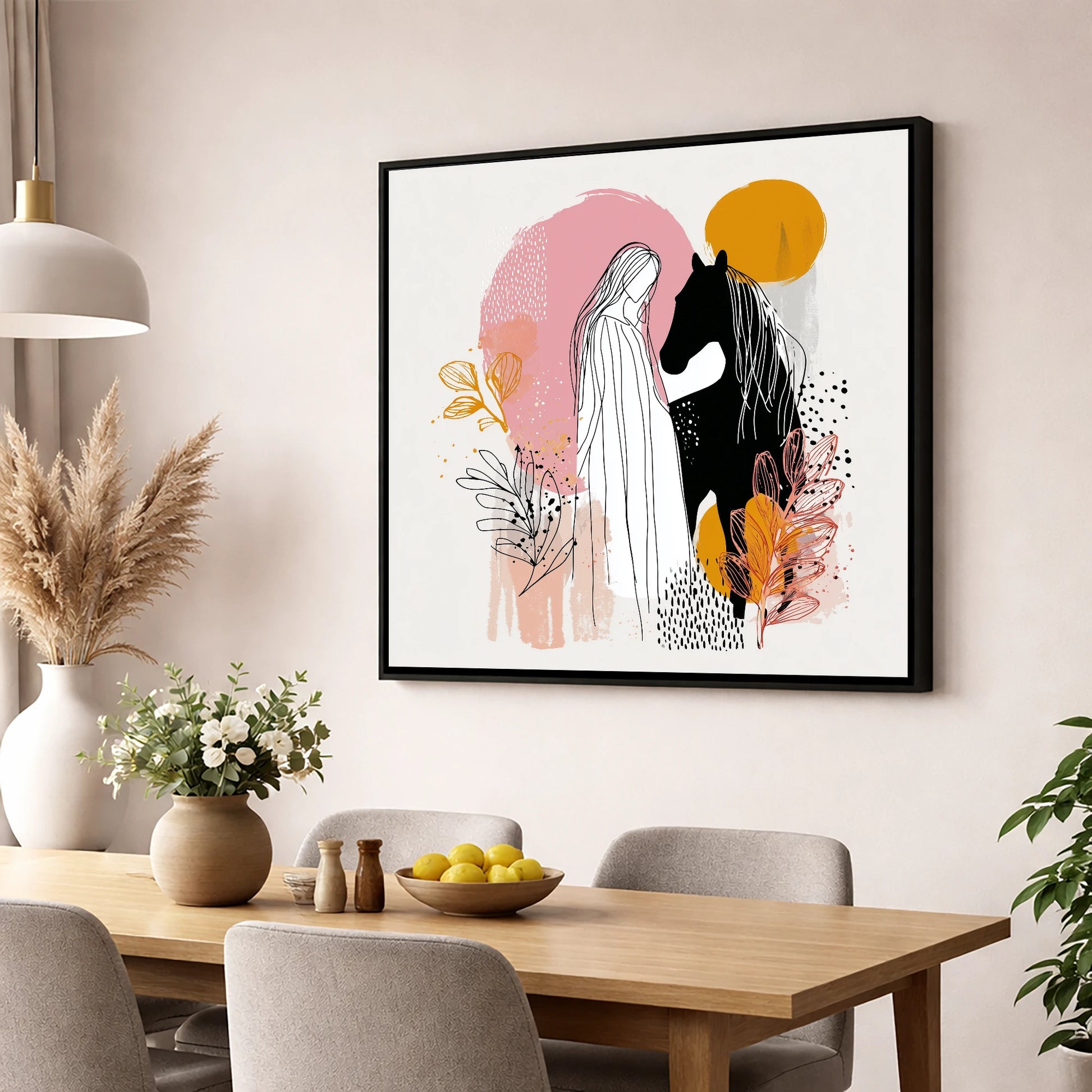 Abstract Equine Harmony horse & rider wall art displayed in a dining room