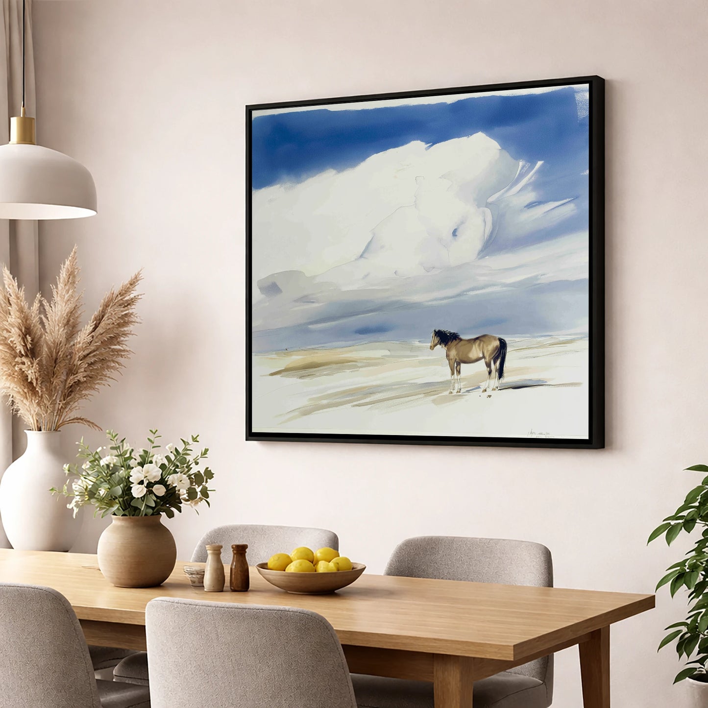 Beneath the Gathering Sky horse landscape wall art displayed in a dining room
