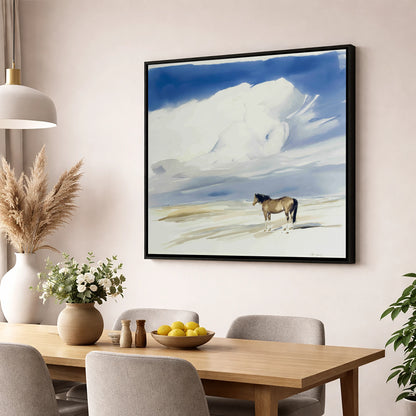 Beneath the Gathering Sky horse landscape wall art displayed in a dining room