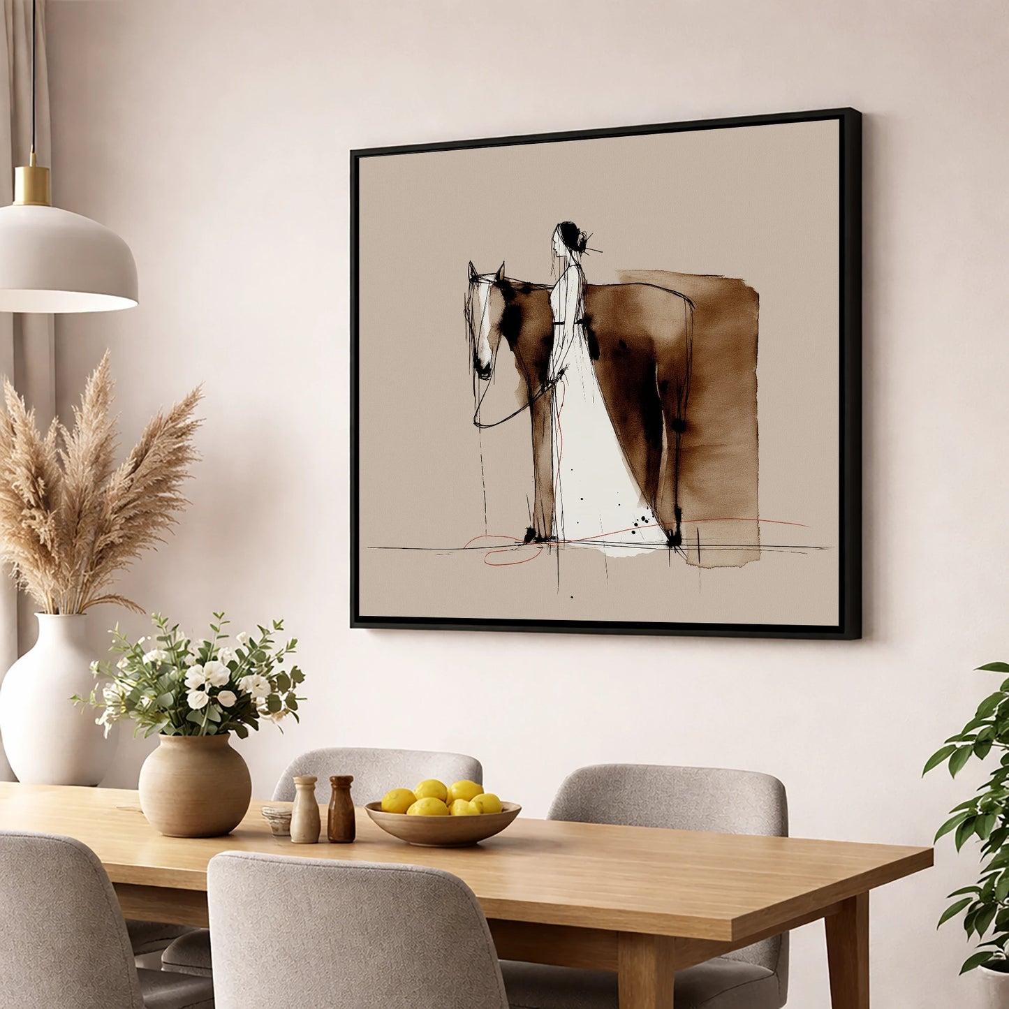 Silent Partnership horse & rider wall art displayed in a dining room