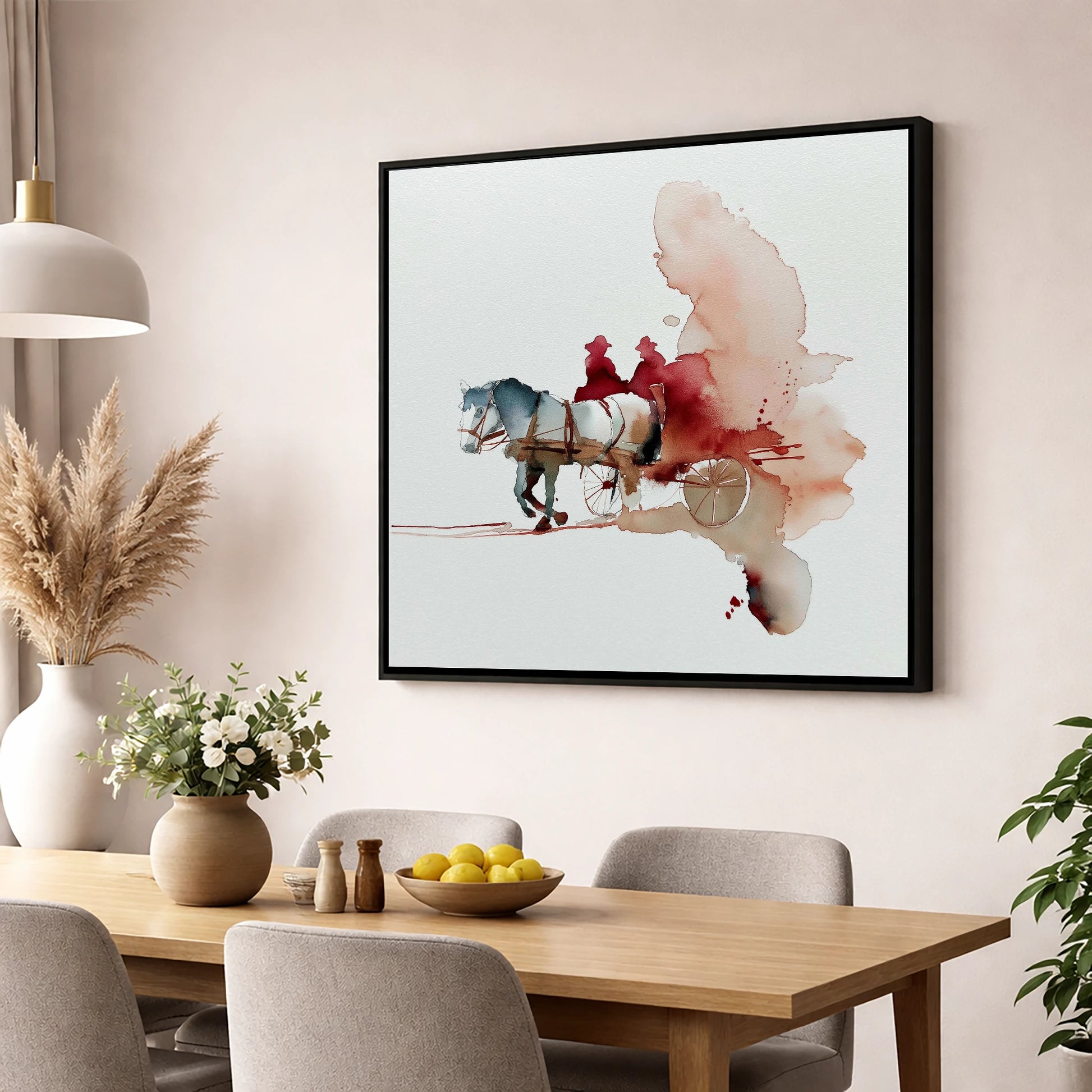 Crimson Passage working horse wall art displayed in a dining room