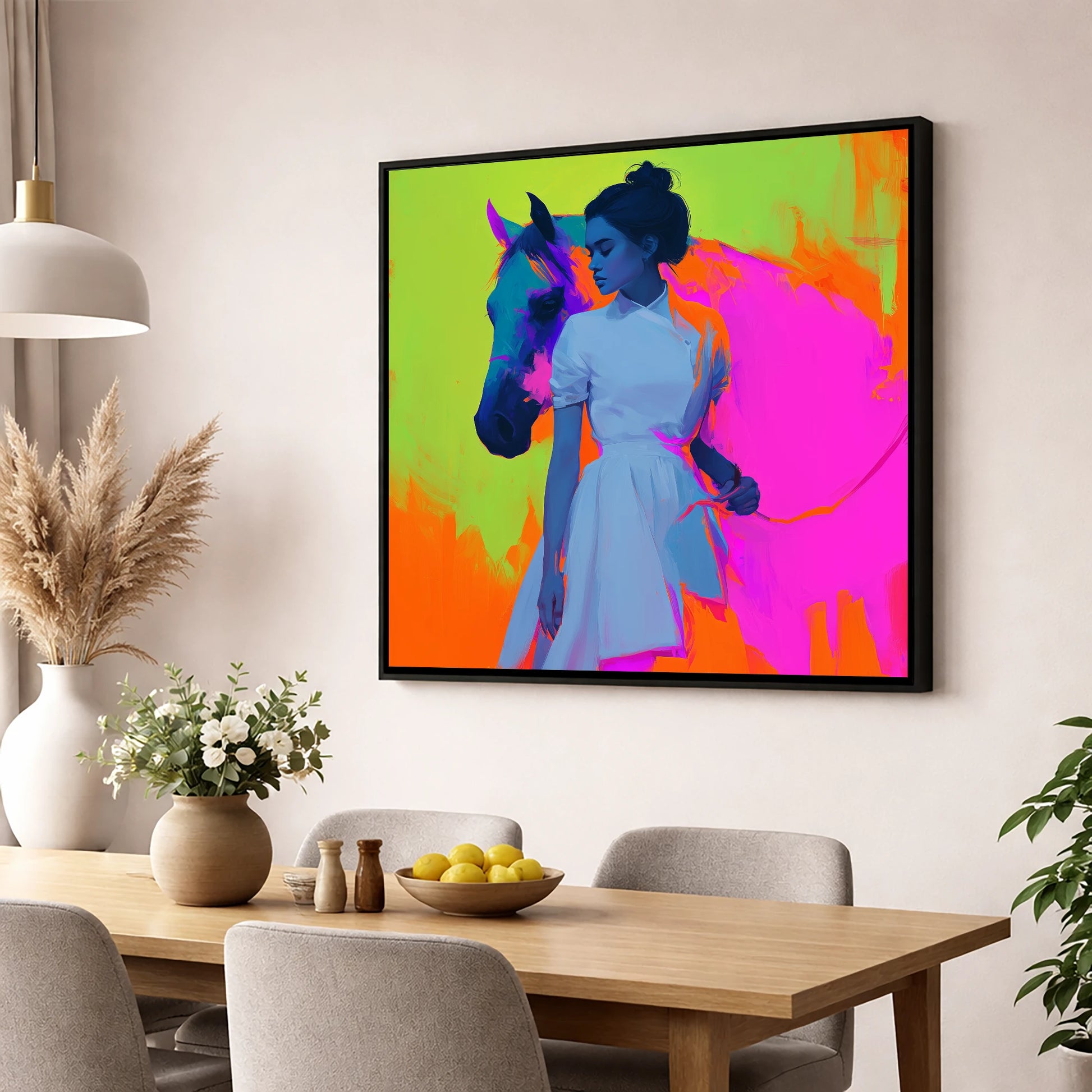 Electric Connection horse & rider wall art displayed in a dining room
