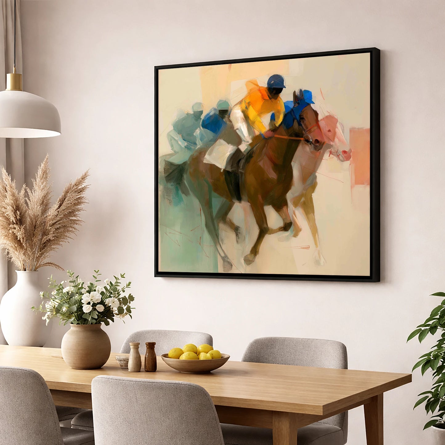 Breakaway Pace racing horse wall art displayed in a dining room