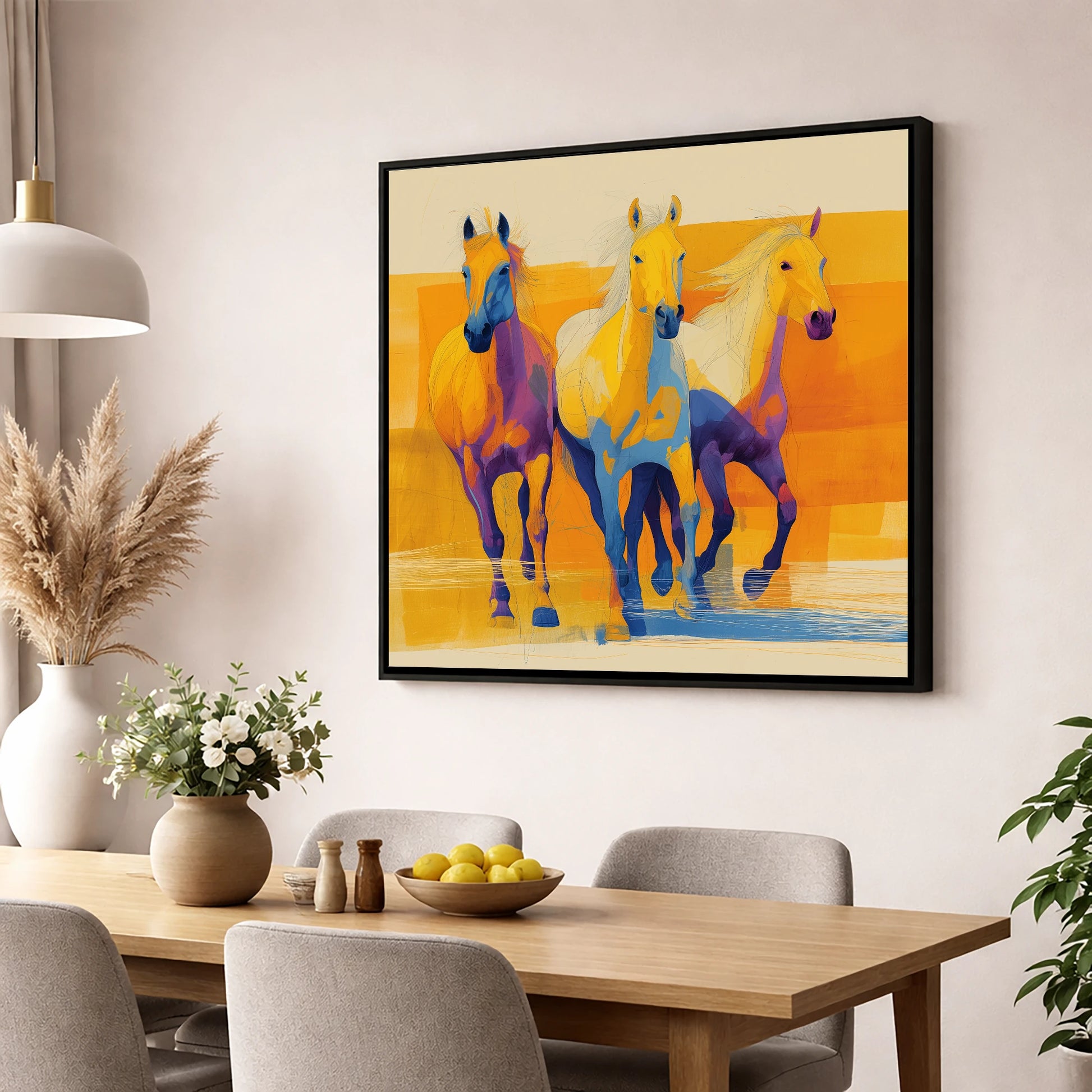 Three Vibrant Strides horse landscape wall art displayed in a dining room