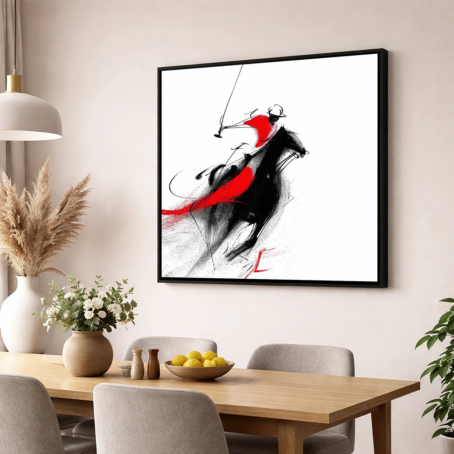 Dynamic Strike polo horse wall art displayed in a dining room