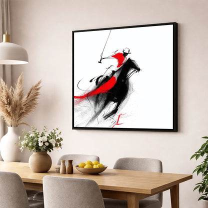 Dynamic Strike polo horse wall art displayed in a dining room