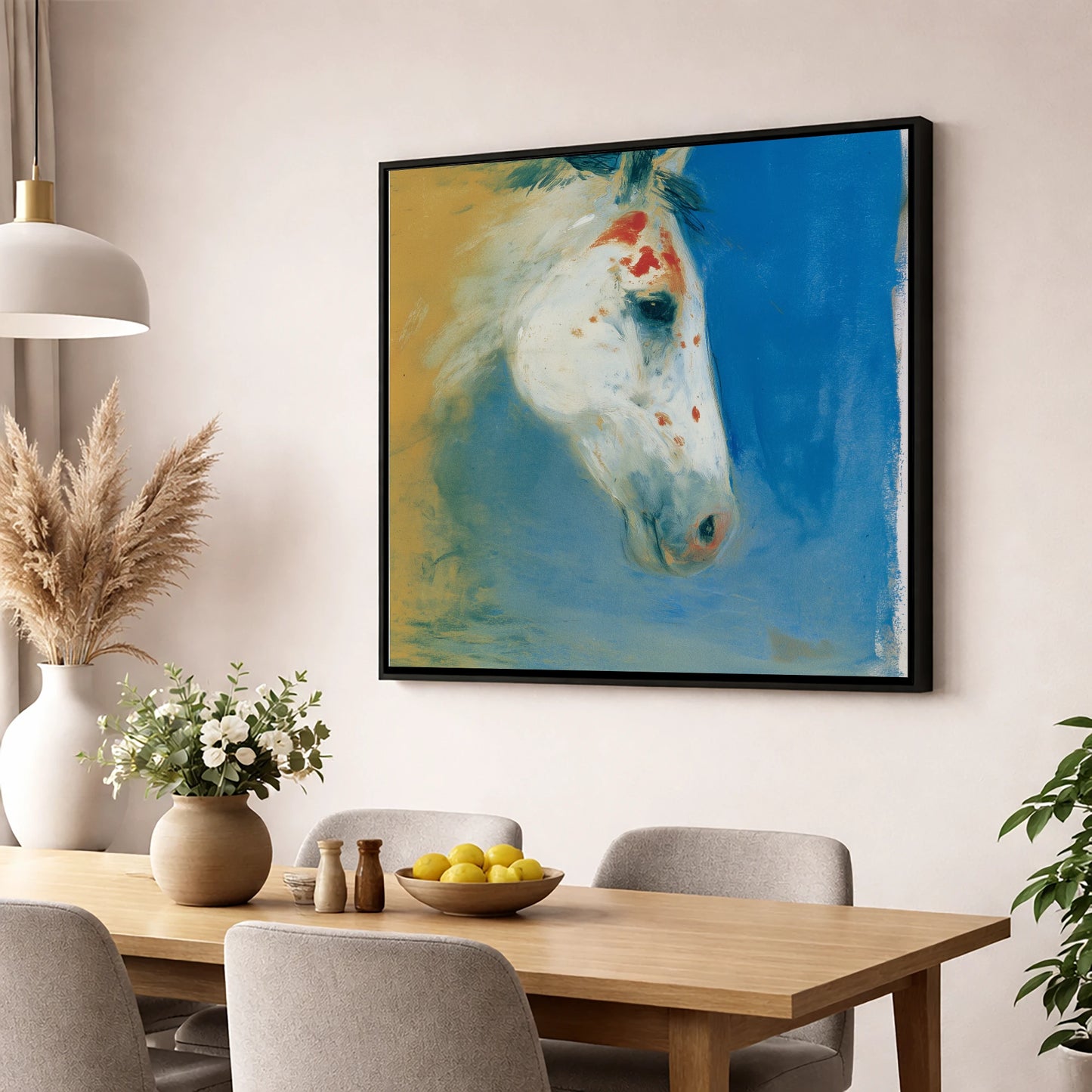 Cerulean Painted Profile horse breed wall art displayed in a dining room