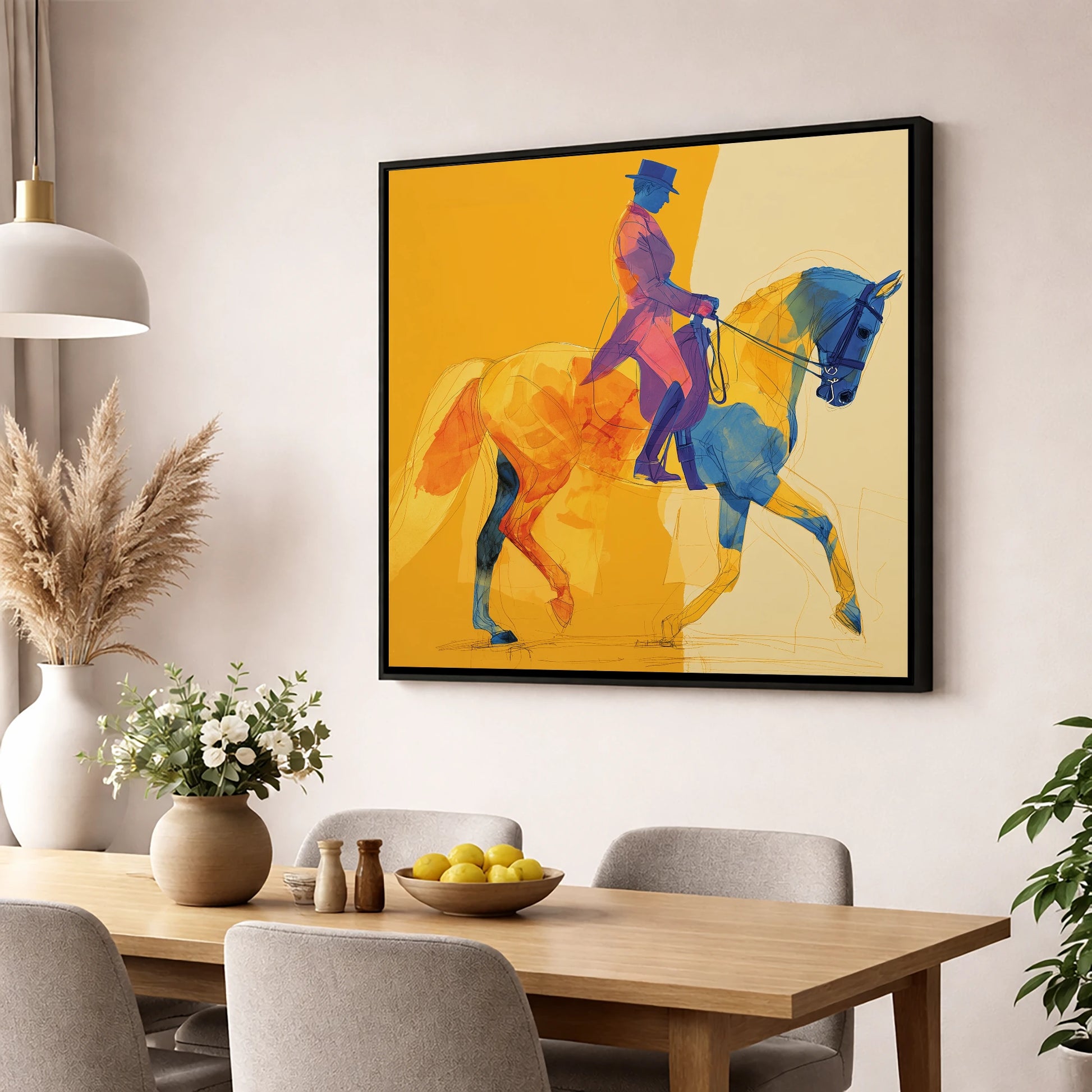 Vivid Dressage Rhythms dressage horse wall art displayed in a dining room