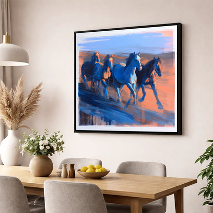 Cobalt Horizon Herd wild horses wall art displayed in a dining room