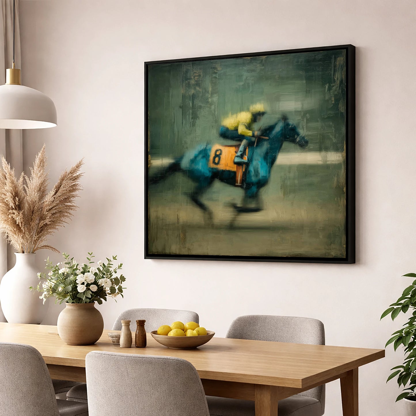 Number Eight at Speed racing horse wall art displayed in a dining room
