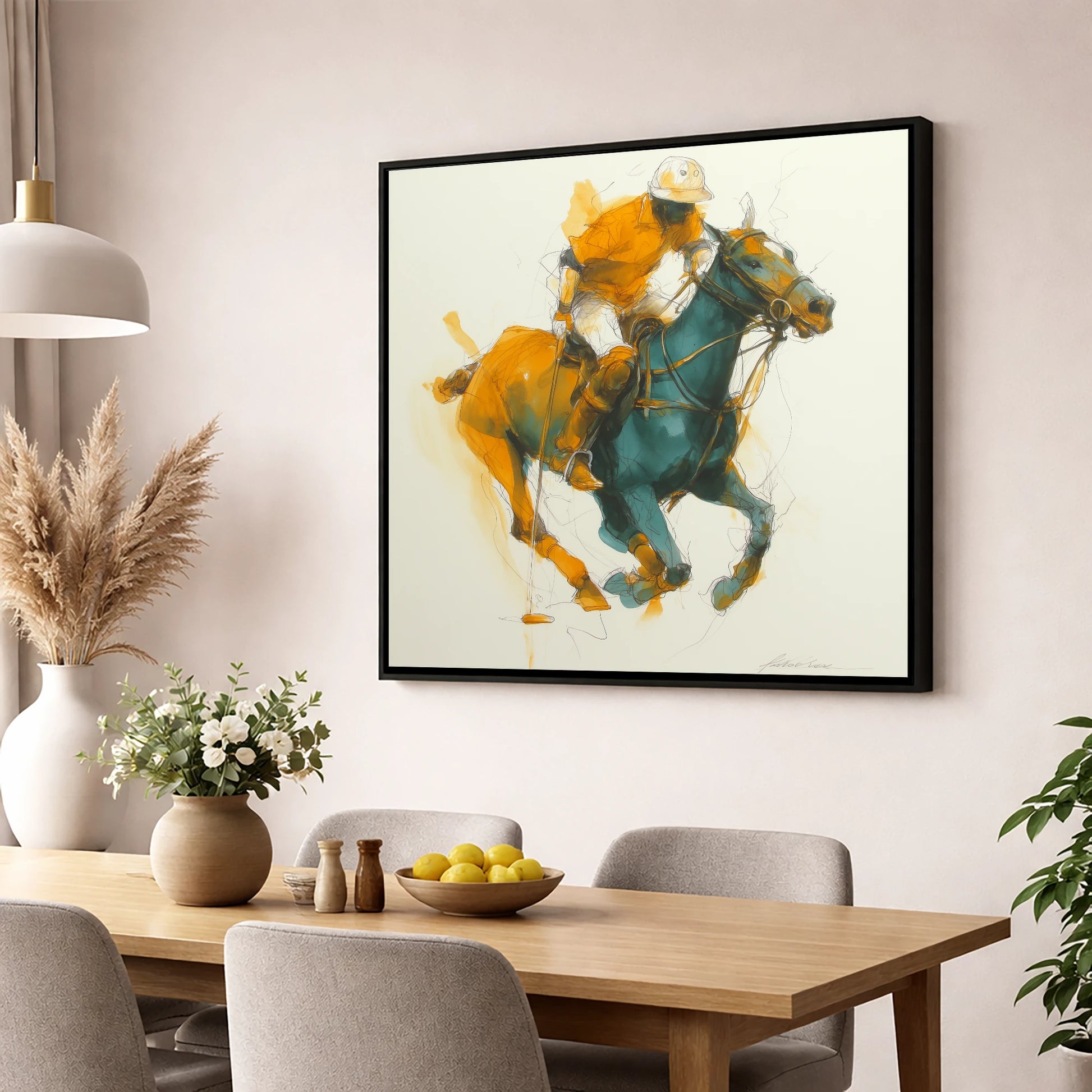 The Decisive Strike polo horse wall art displayed in a dining room