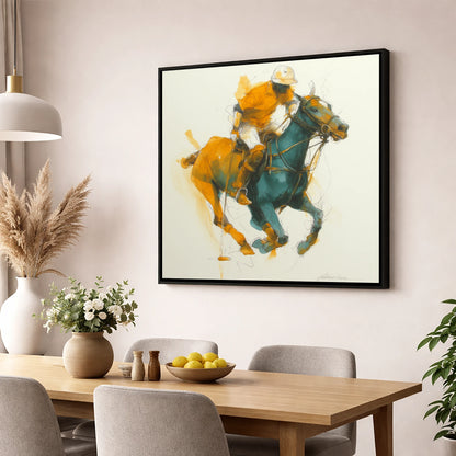 The Decisive Strike polo horse wall art displayed in a dining room