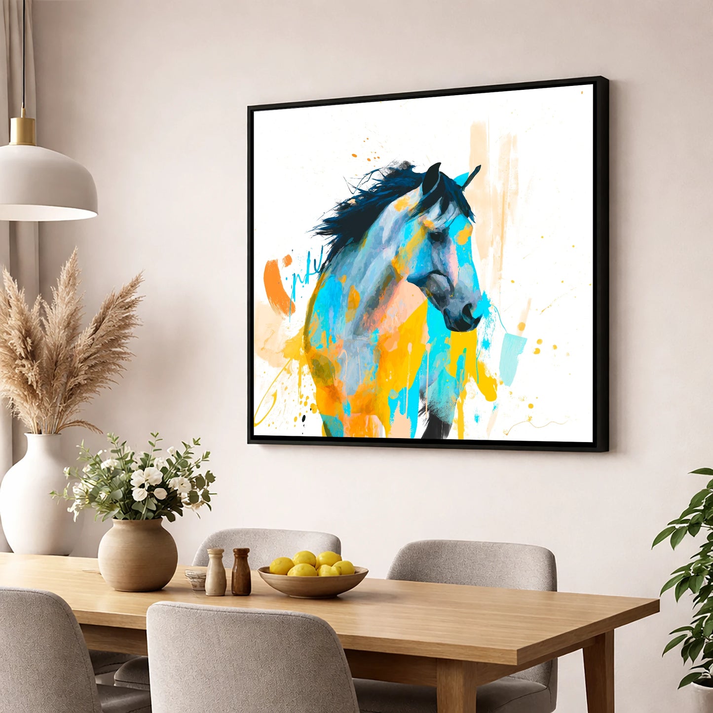 Teal and Amber Splendour horse portrait wall art displayed in a dining room