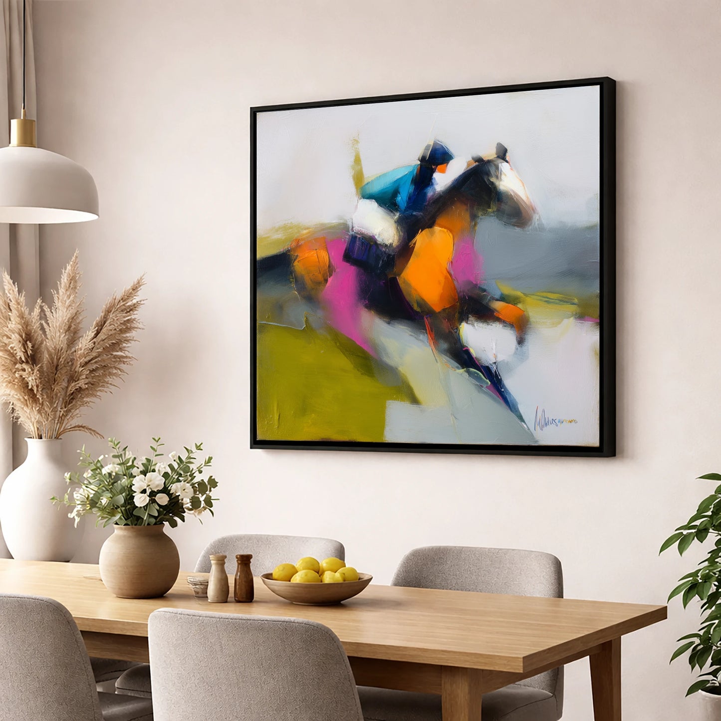 Thundering Colour racing horse wall art displayed in a dining room