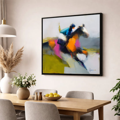 Thundering Colour racing horse wall art displayed in a dining room