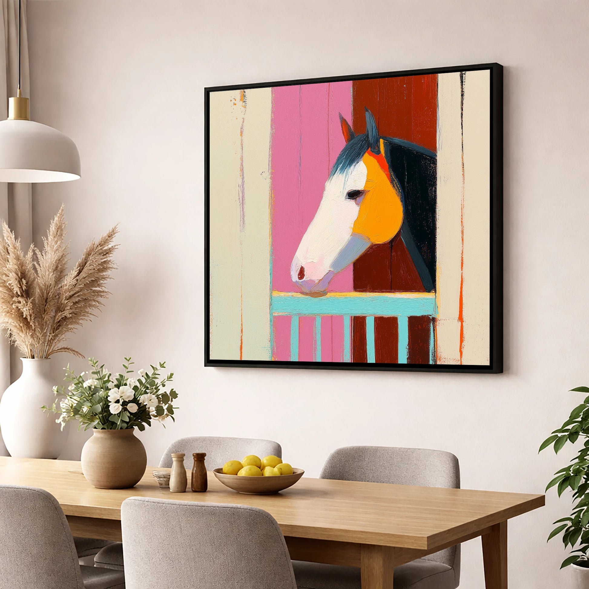 Over the Turquoise Door horse stable wall art displayed in a dining room