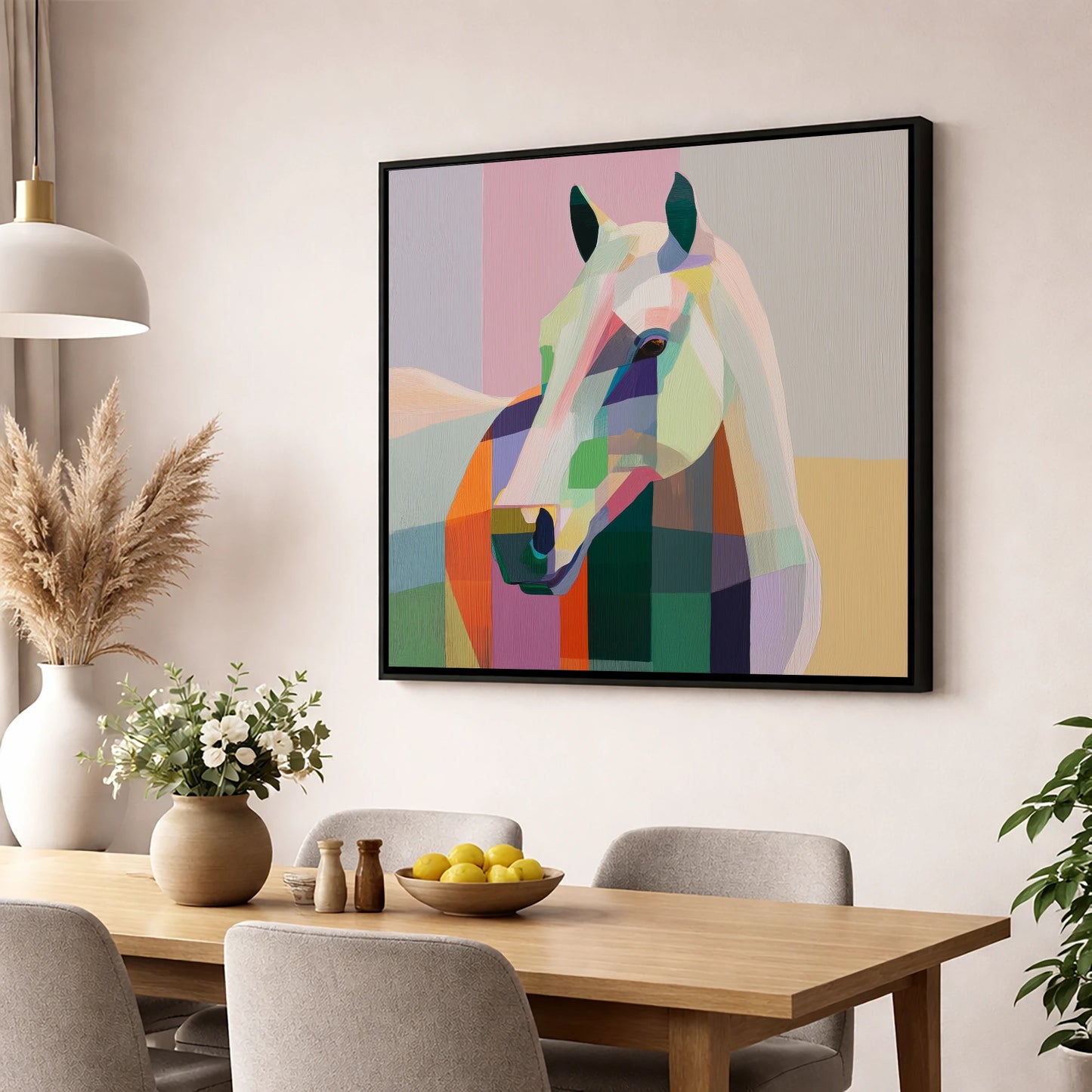 Prismatic Equine Portrait horse portrait wall art displayed in a dining room