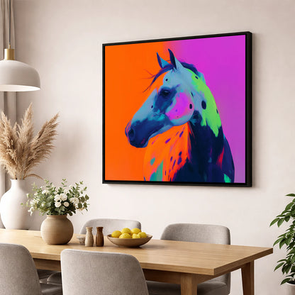 Neon Appaloosa Portrait horse breed wall art displayed in a dining room