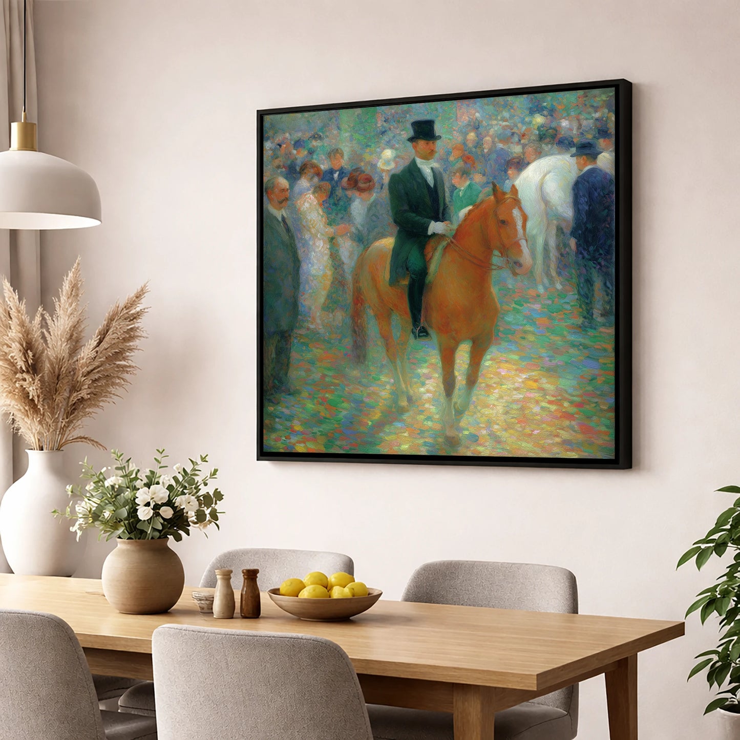 Elegance in the Crowd dressage horse wall art displayed in a dining room