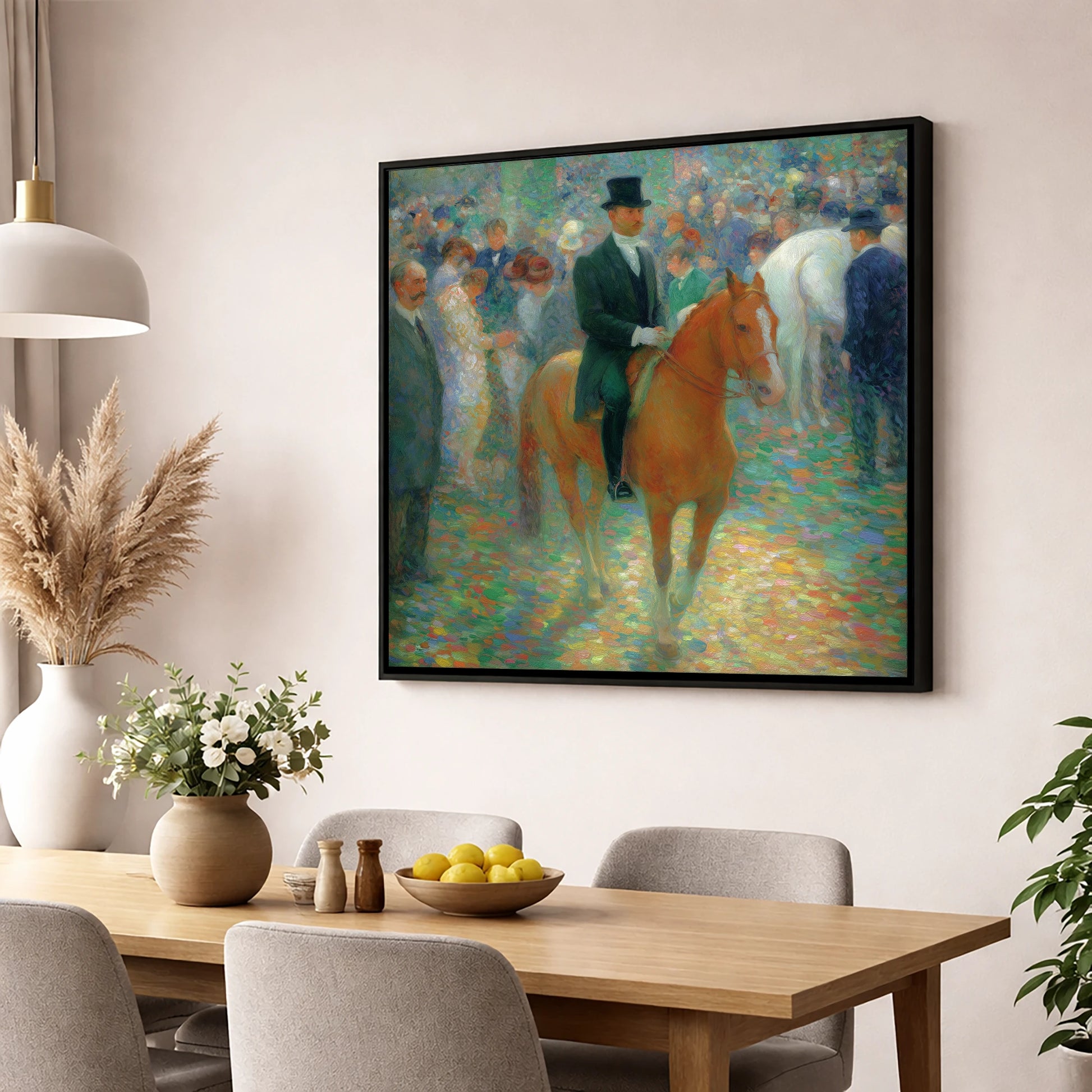 Elegance in the Crowd dressage horse wall art displayed in a dining room