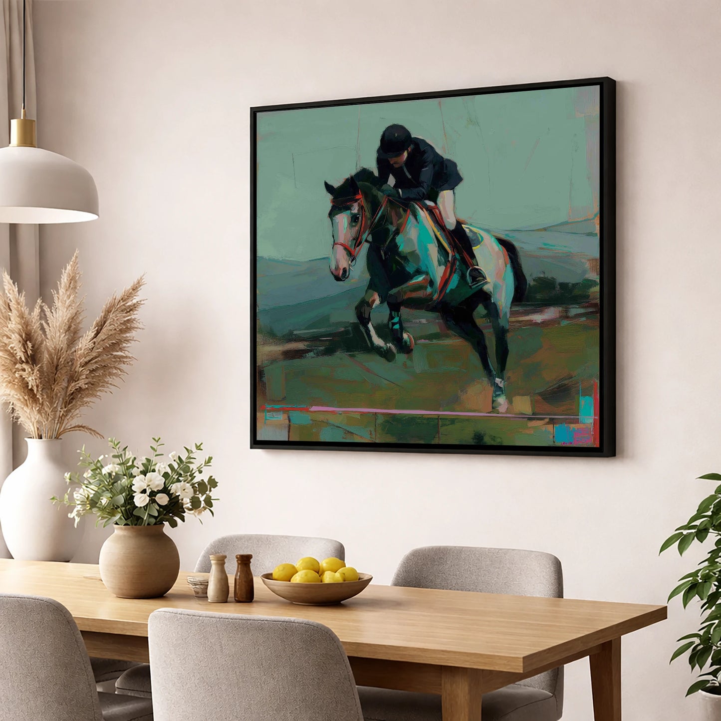 The Bold Clear show jumping horse wall art displayed in a dining room