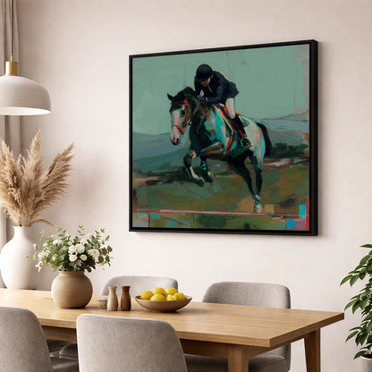 The Bold Clear show jumping horse wall art displayed in a dining room
