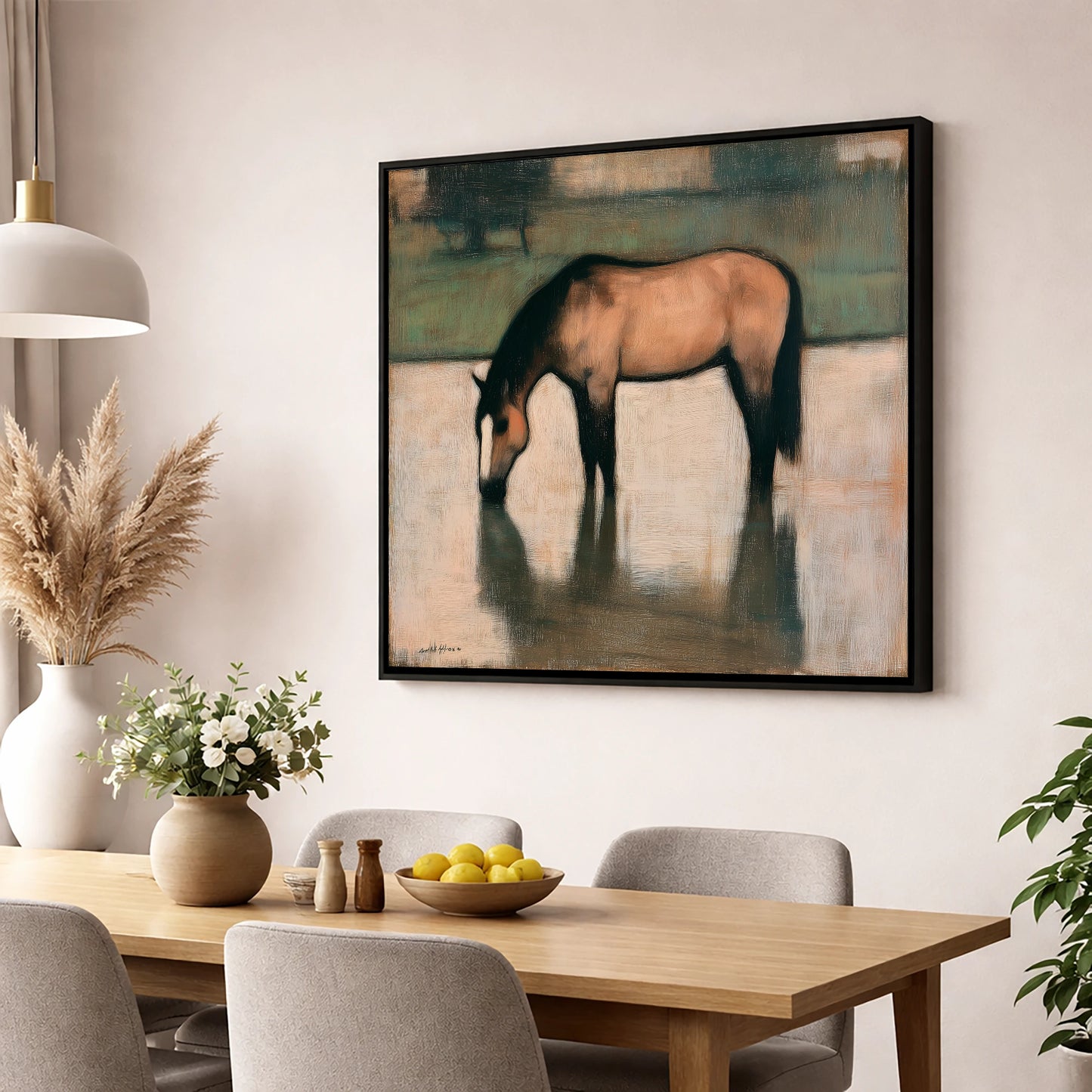 Quiet Reflection horse portrait wall art displayed in a dining room