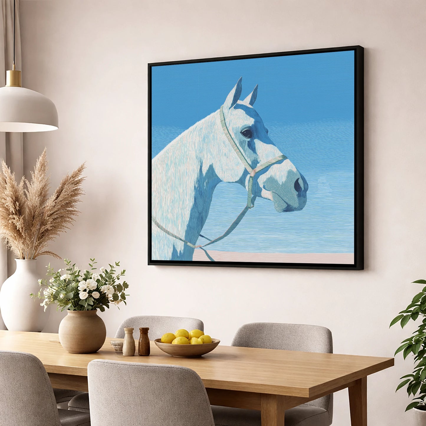 Serene Grey Profile horse breed wall art displayed in a dining room