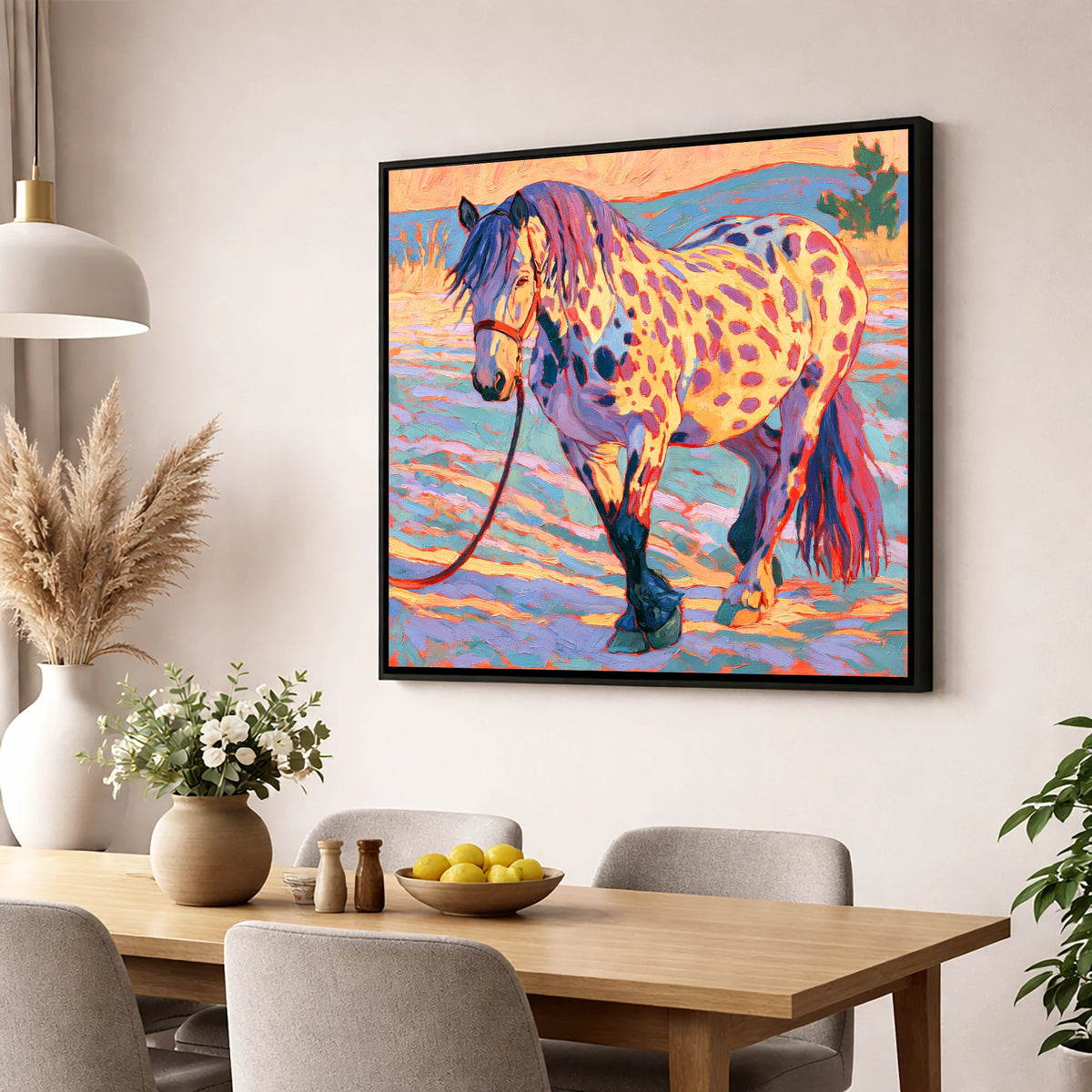 Colourful Appaloosa in Sunset Light horse breed wall art displayed in a dining room