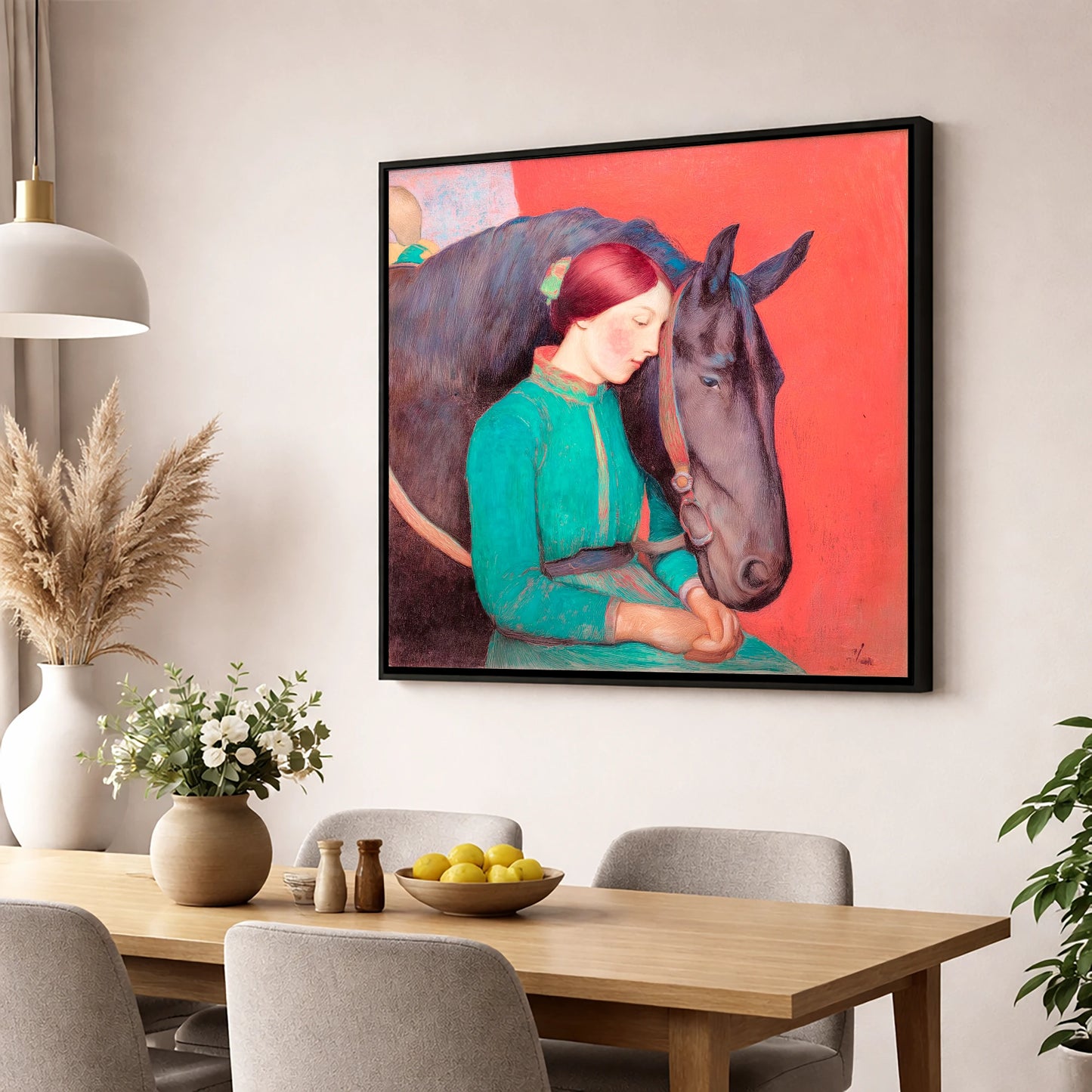 Silent Understanding horse & rider wall art displayed in a dining room