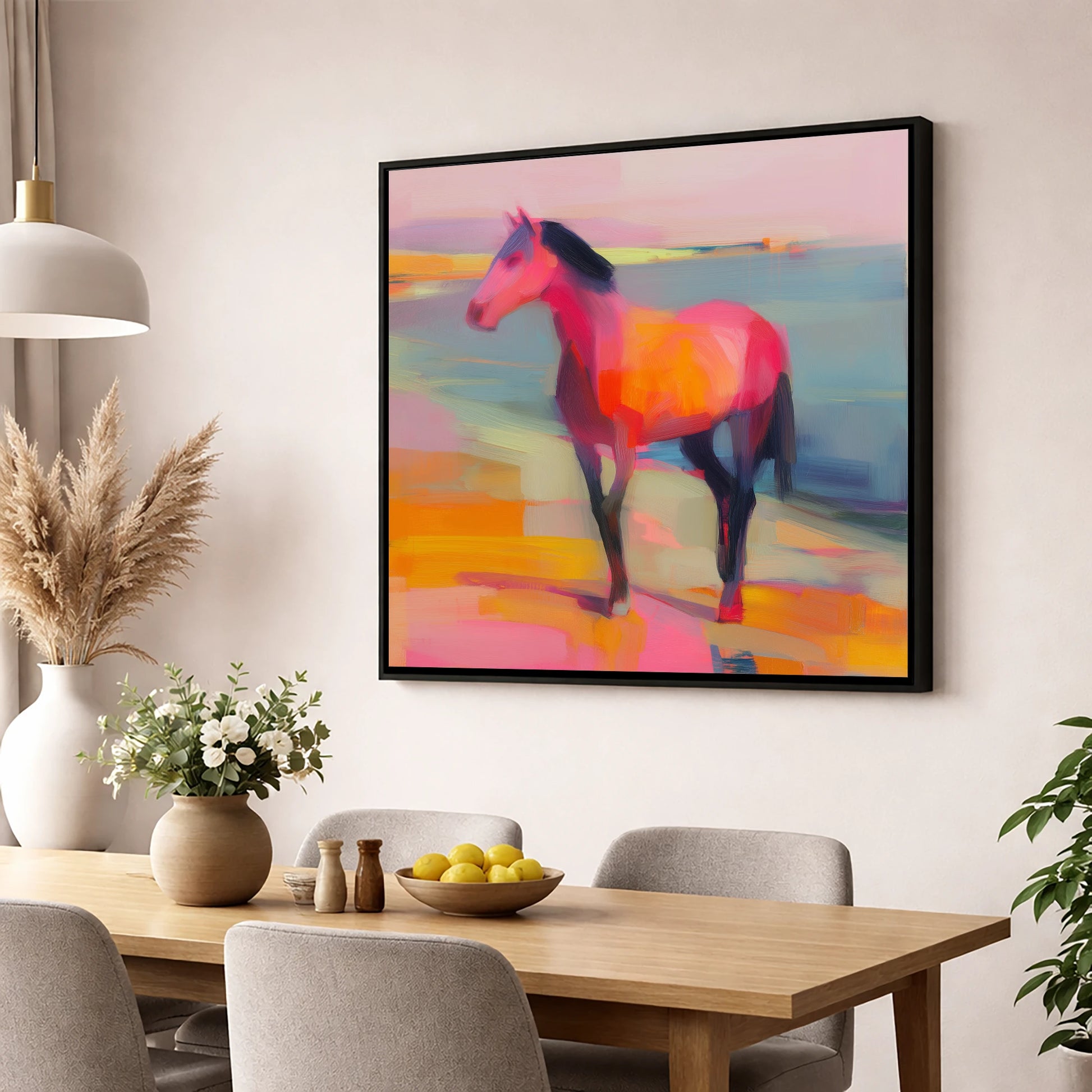 Vivid Shoreline Sentinel horse landscape wall art displayed in a dining room