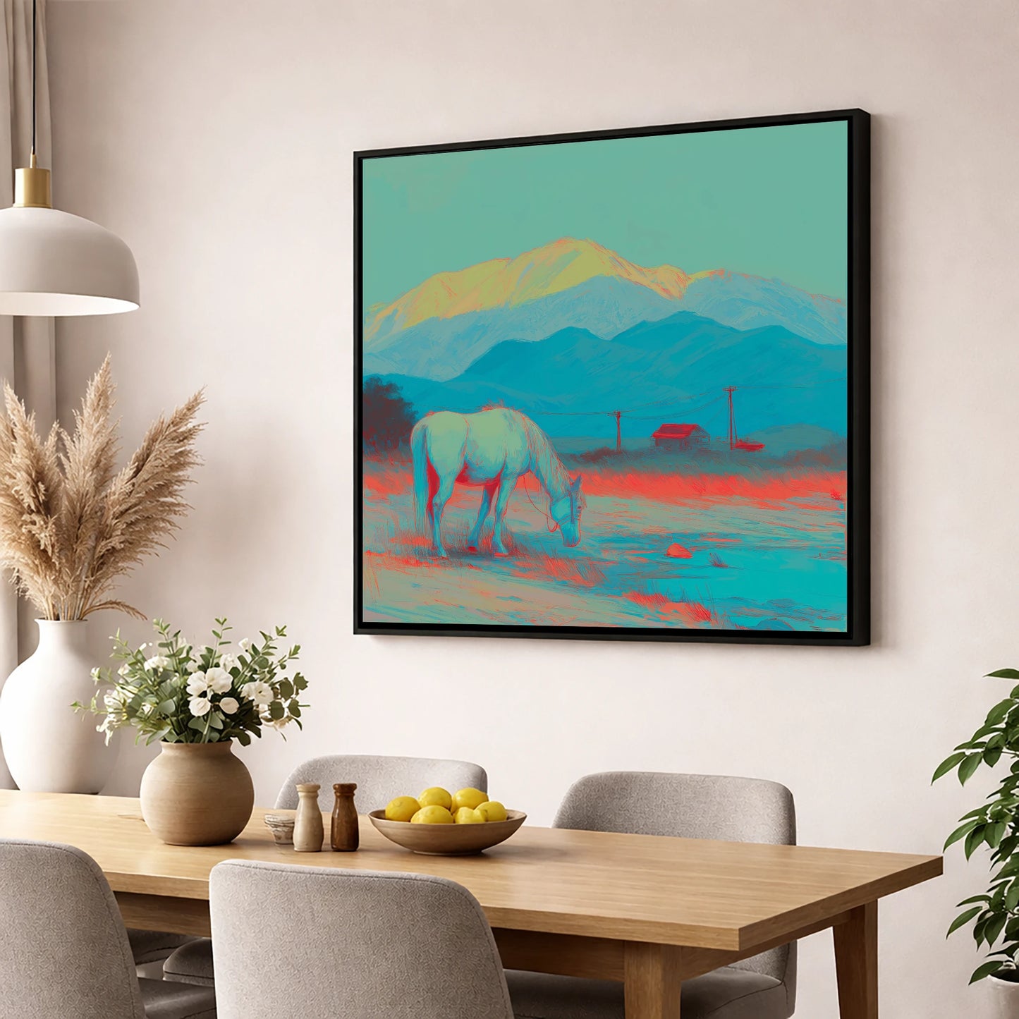Electric Mountain Grazing horse landscape wall art displayed in a dining room