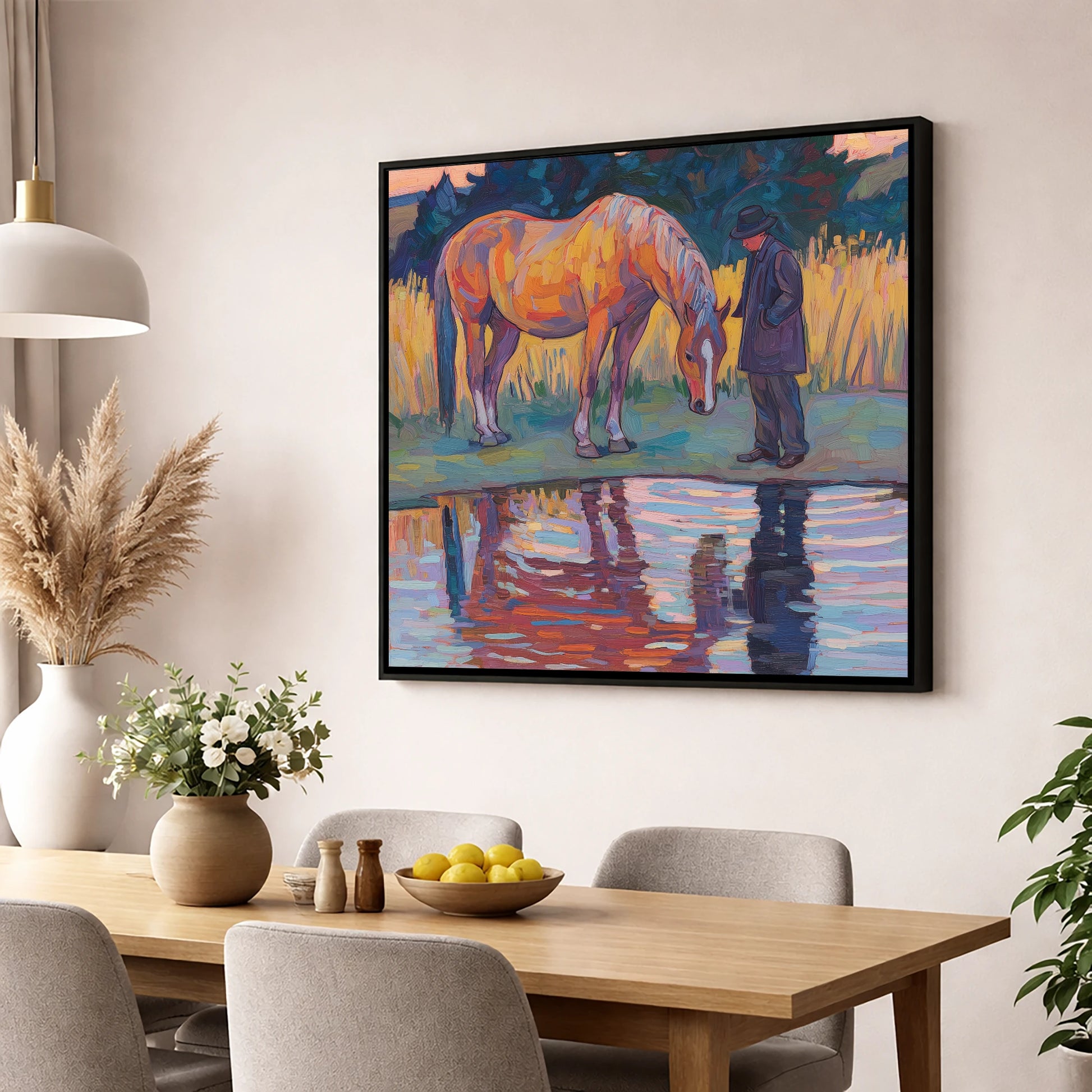 Quiet Reflections horse & rider wall art displayed in a dining room