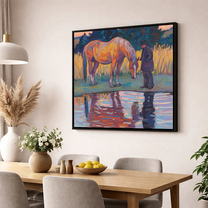 Quiet Reflections horse & rider wall art displayed in a dining room