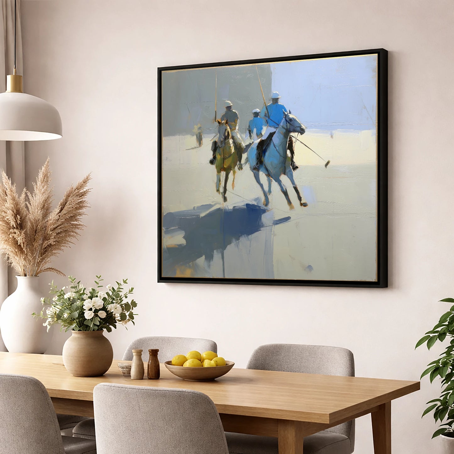 Slate Blue Chukka polo horse wall art displayed in a dining room