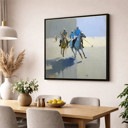 Slate Blue Chukka polo horse wall art displayed in a dining room